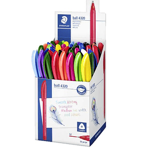 Staedtler Ball 4320 M Expositor con 50 Boligrafos Punta de Bola 1mm - Escritura Suave - Cuerpo Triangular - Colores Surtidos
