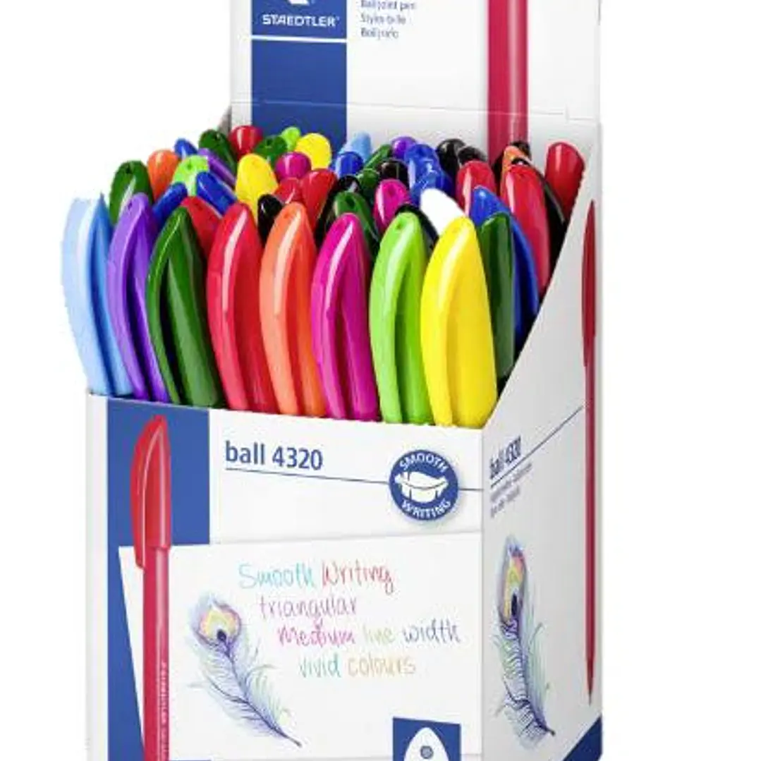 Staedtler Ball 4320 M Expositor con 50 Boligrafos Punta de Bola 1mm - Escritura Suave - Cuerpo Triangular - Colores Surtidos 1