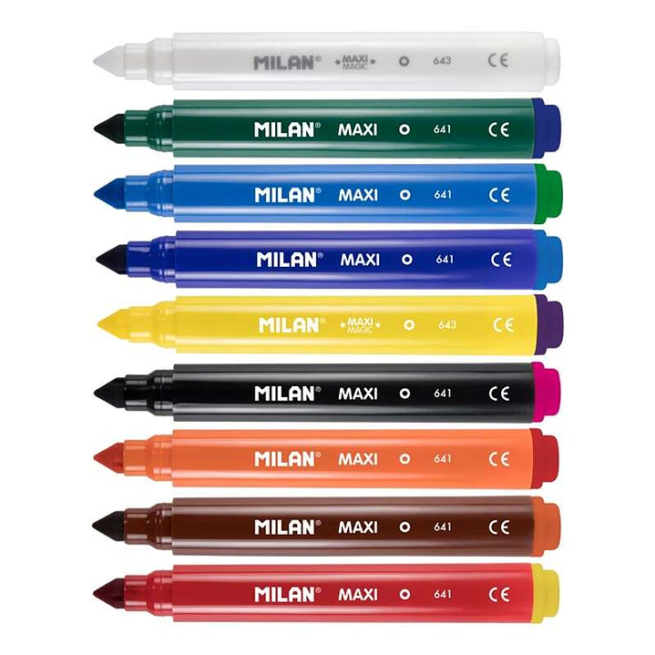 Milan Maxi Magic Pack de 8 Rotuladores de Colores + 2 Rotuladores Magicos - Punta Conica 7.5mm - Tinta al Agua - Lavable - Colores Surtidos 1