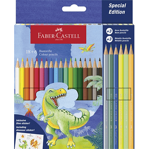 Faber-Castell Edicion Dinosaurios Pack de 24 Lapices de Colores Hexagonales - 18 Colores Clasicos + 3 Colores Neon + 3 Colores Metalizados - Incluye P