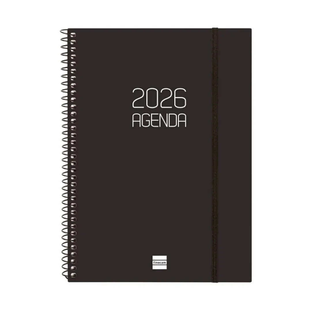 Finocam Opaque Agenda de Espiral - Anual 2026 - Tapa Ligera - Cierre con Goma Elastica - Formato E10 - 162x14x212mm - Semana Vista en Vertical - Color 1