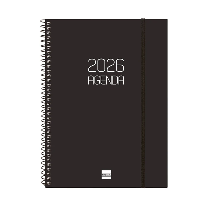 Finocam Opaque Agenda de Espiral - Anual 2026 - Tapa Ligera - Cierre con Goma Elastica - Formato E10 - 162x14x212mm - Semana Vista Horizontal - Color  1