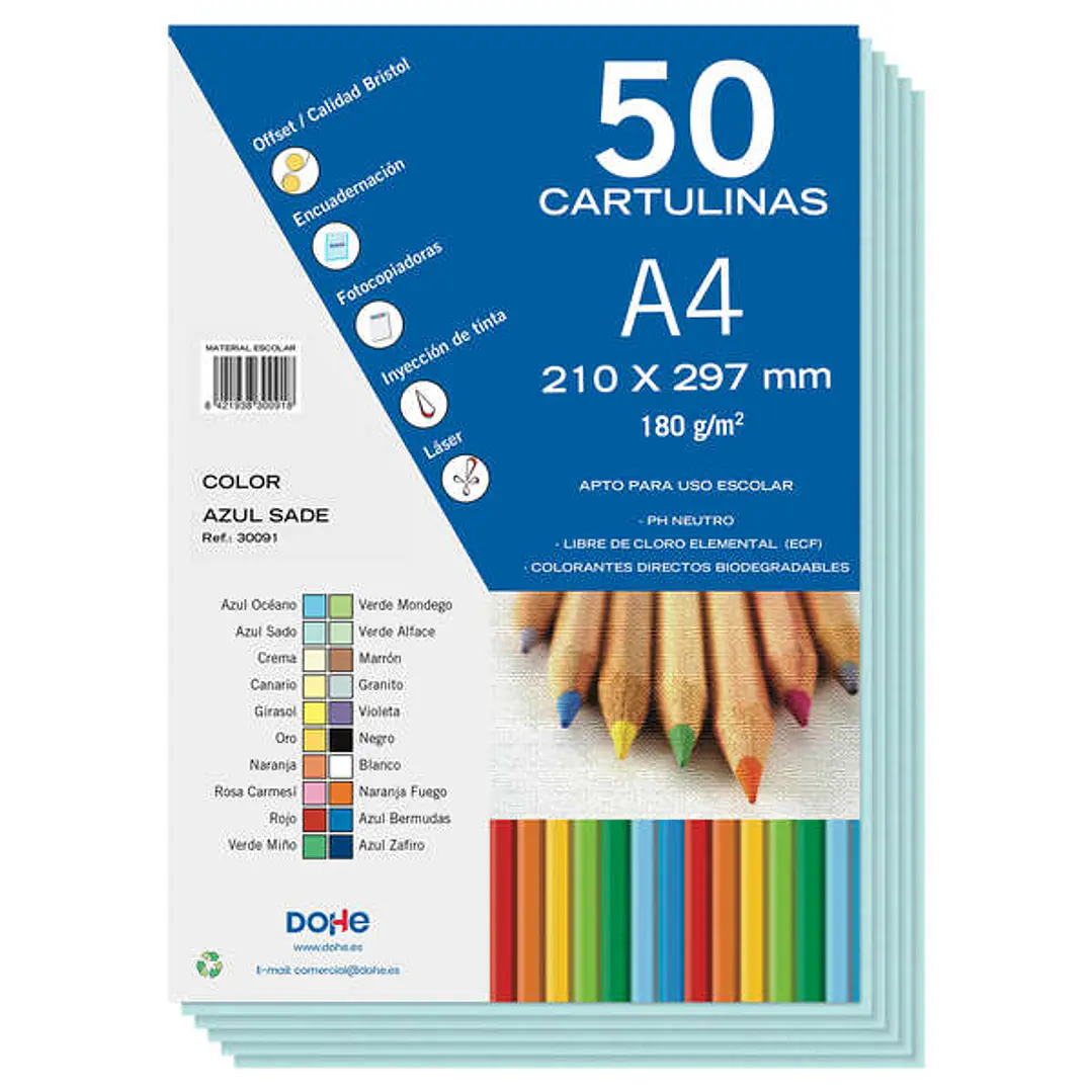 Dohe Pack de 50 Cartulinas A4 de 180gr - Con PH Neutro - Libres de Cloro Elemental - Color Azul Sado 1