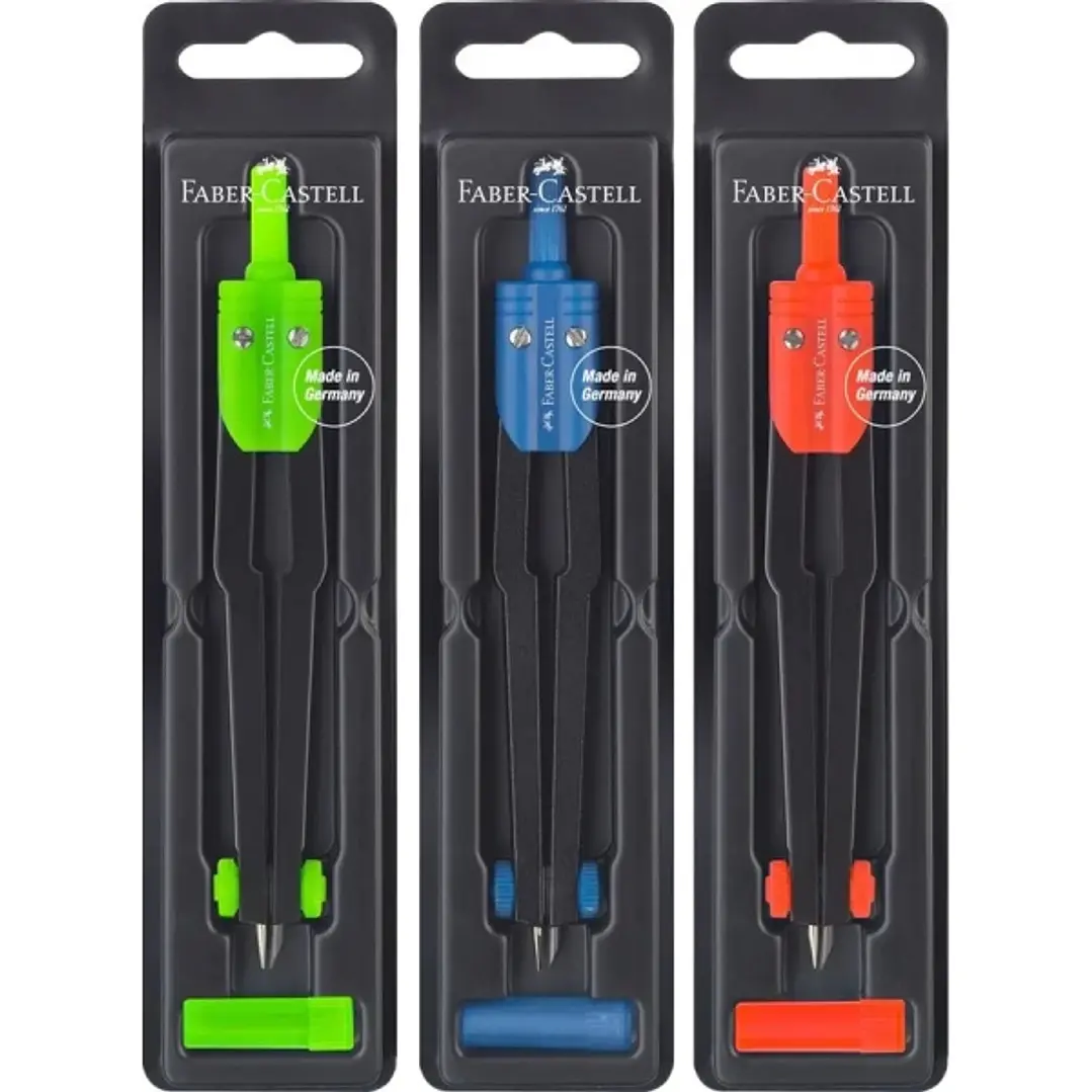 Faber-Castell Compas Escolar - Circunferencias de hasta Ø 360mm - Incluye Bote de Minas - Colores Surtidos 1