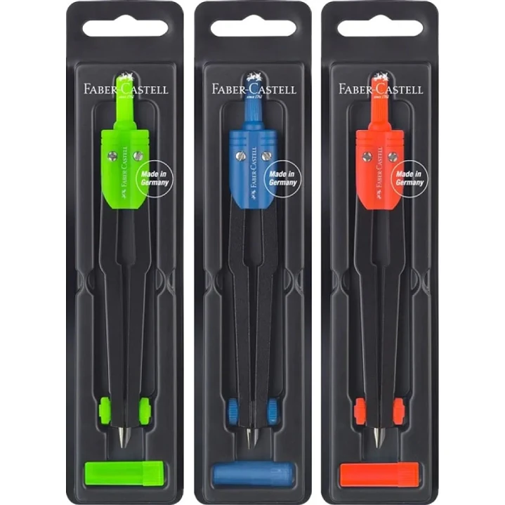 Faber-Castell Compas Escolar - Circunferencias de hasta Ø 360mm - Incluye Bote de Minas - Colores Surtidos 1