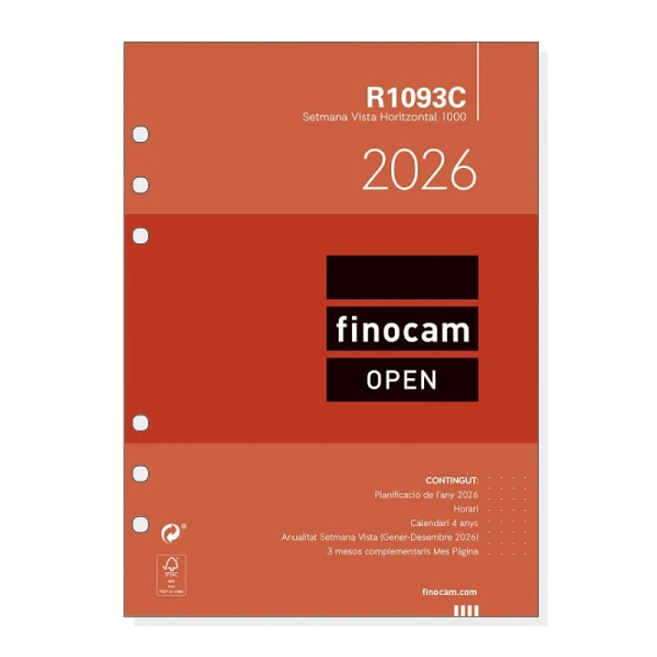 Finocam R1093C Recambio para Agendas Open en Catalan - Anual 2026 - Formato 1000 - 155x6x215mm - Semana Vista Horizontal - Color Blanco 1