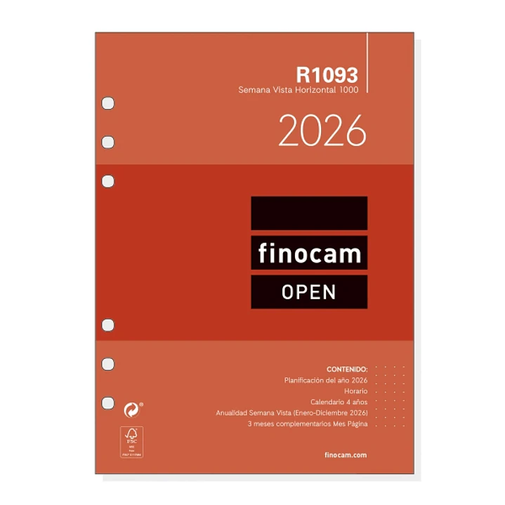 Finocam R1093 Recambio Anual 2026 para Agendas Open 2026 - Formato 1000 - 155x6x215mm - Semana Vista Horizontal - Color Blanco 1