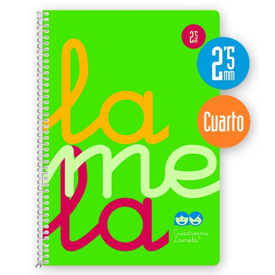 Lamela Cuaderno Espiral con 80 Hojas de 90g/m2 con Margen - Formato Cuarto - Pauta Cuadrovia de 2.5mm - Cubierta Extra Dura - Papel Offset Blanco Extr 1