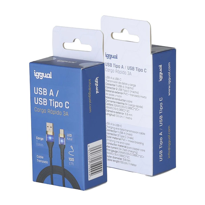 iggual Cable USB-A a tipo C 3A 100 cm trenzado LED 2