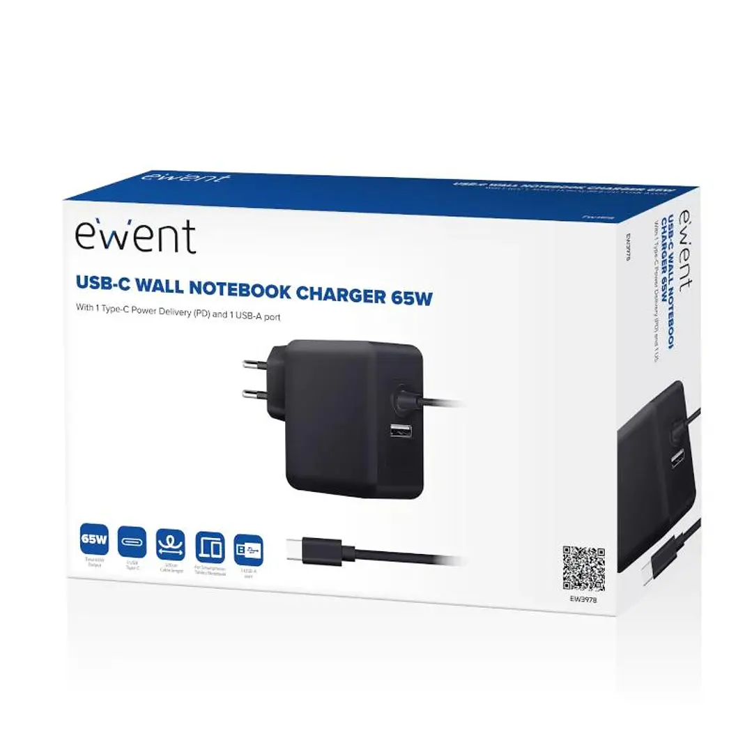 EWENT Cargador USB-CPD 65W + Puerto USB-A 4