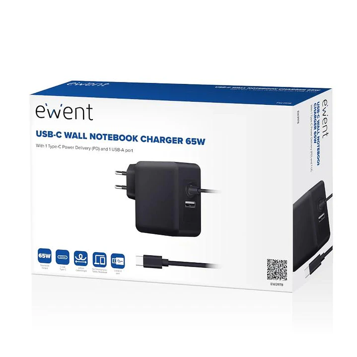 EWENT Cargador USB-CPD 65W + Puerto USB-A 4
