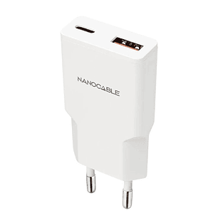 Nanocable Cargador USB-C/PD + USB-A/QC 20W Blanco