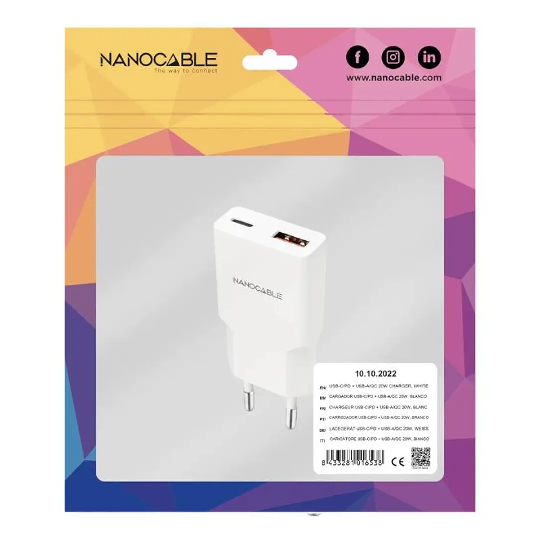 Nanocable Cargador USB-C/PD + USB-A/QC 20W Blanco 2