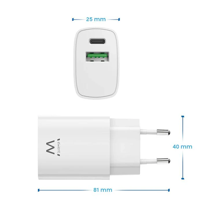 EWENT Cargador rapido Q3 20w Usb-C y Usb-A 3
