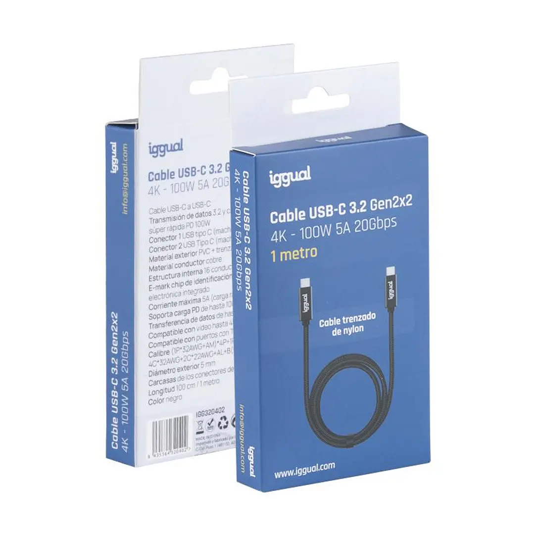 iggual Cable USB-C 3.2 Gen2x2 100W 5A 4K 1m nylon 4