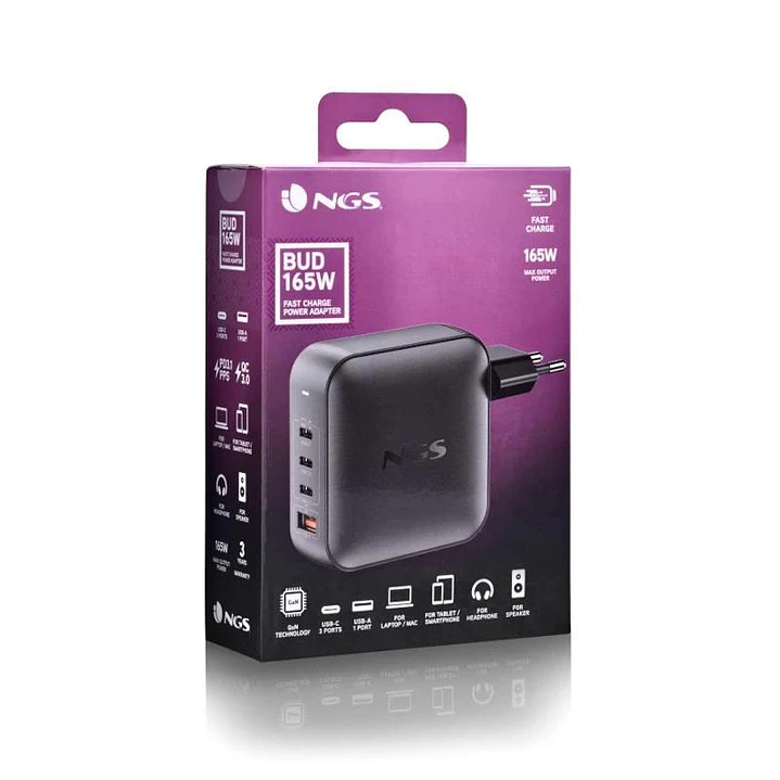 NGS CARGADOR ULTRARAPIDO165W 4 PUERTOS 3USB-C 1 US 3