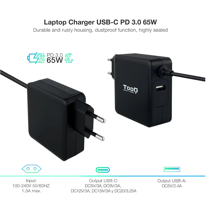 Tooq Cargador portátil conector USB-C 65W 4