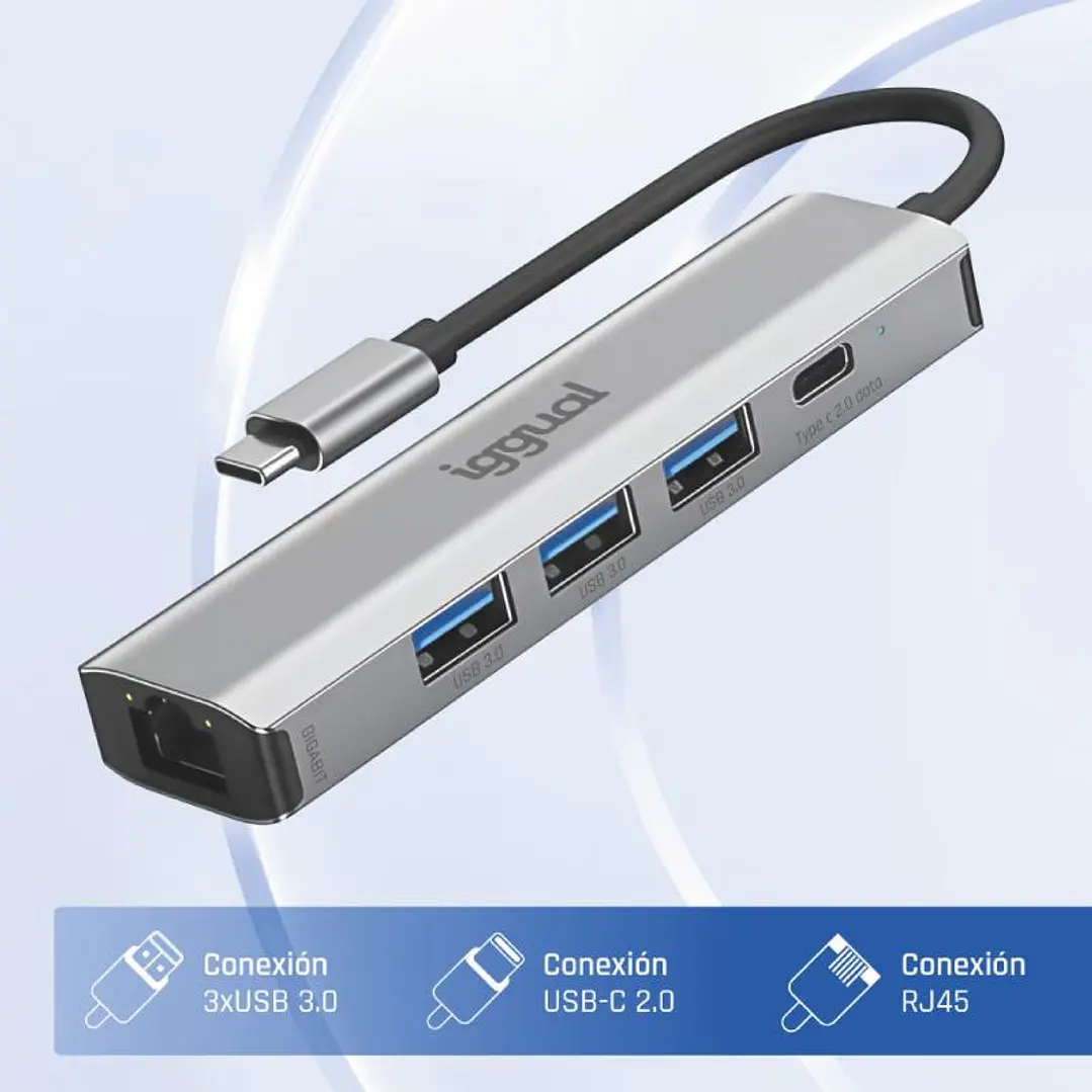 iggual Hub tipo C 5 puertos 3xUSB + RJ45 + tipo C 2