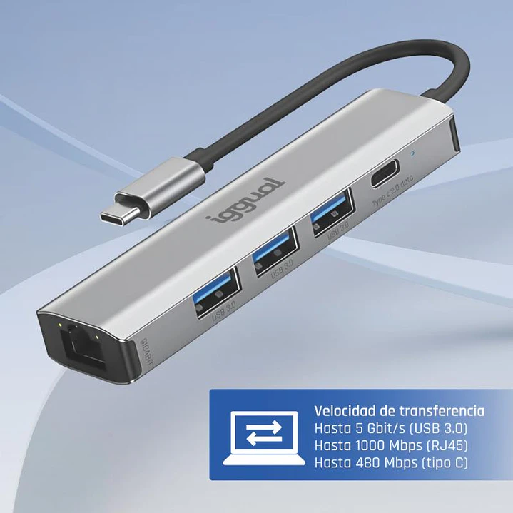 iggual Hub tipo C 5 puertos 3xUSB + RJ45 + tipo C 3