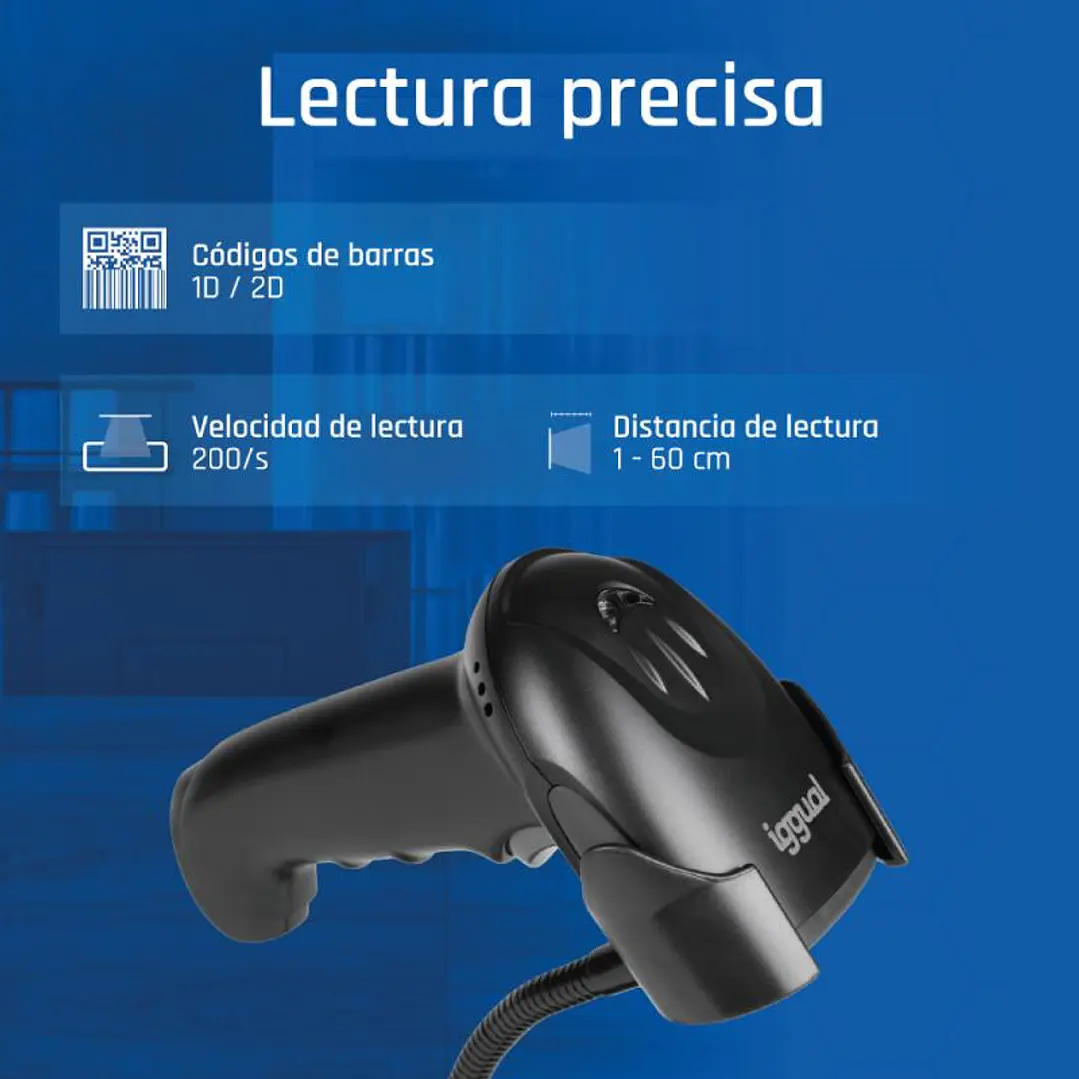 iggual Lector código barras 2D USB gatillo soporte 2