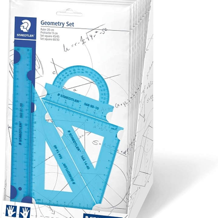 Staedtler Expositor con 18 Packs de Reglas - El Pack incluye Regla Recta 20cm, Transportador, Escuadra 60/30 Grados y Cartabon 45 Grados - Colores Neo 1