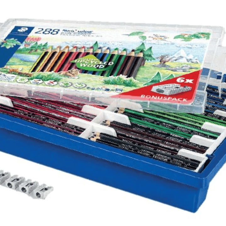 Staedtler Noris Colour 185 Contenedor de Plastico Rigido con 288 Lapices Hexagonales de Colores  + 6 Sacapuntas de Regalo - Resistencia a la Rotura -  1