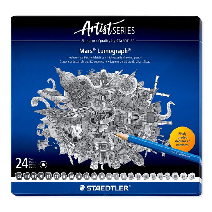 Staedtler Mars Lumograph 100 Caja Metalica con 24 Lapices de Grafito de Graduaciones Surtidas - Alta Resistencia a la Rotura - Madera de Bosques Certi 1