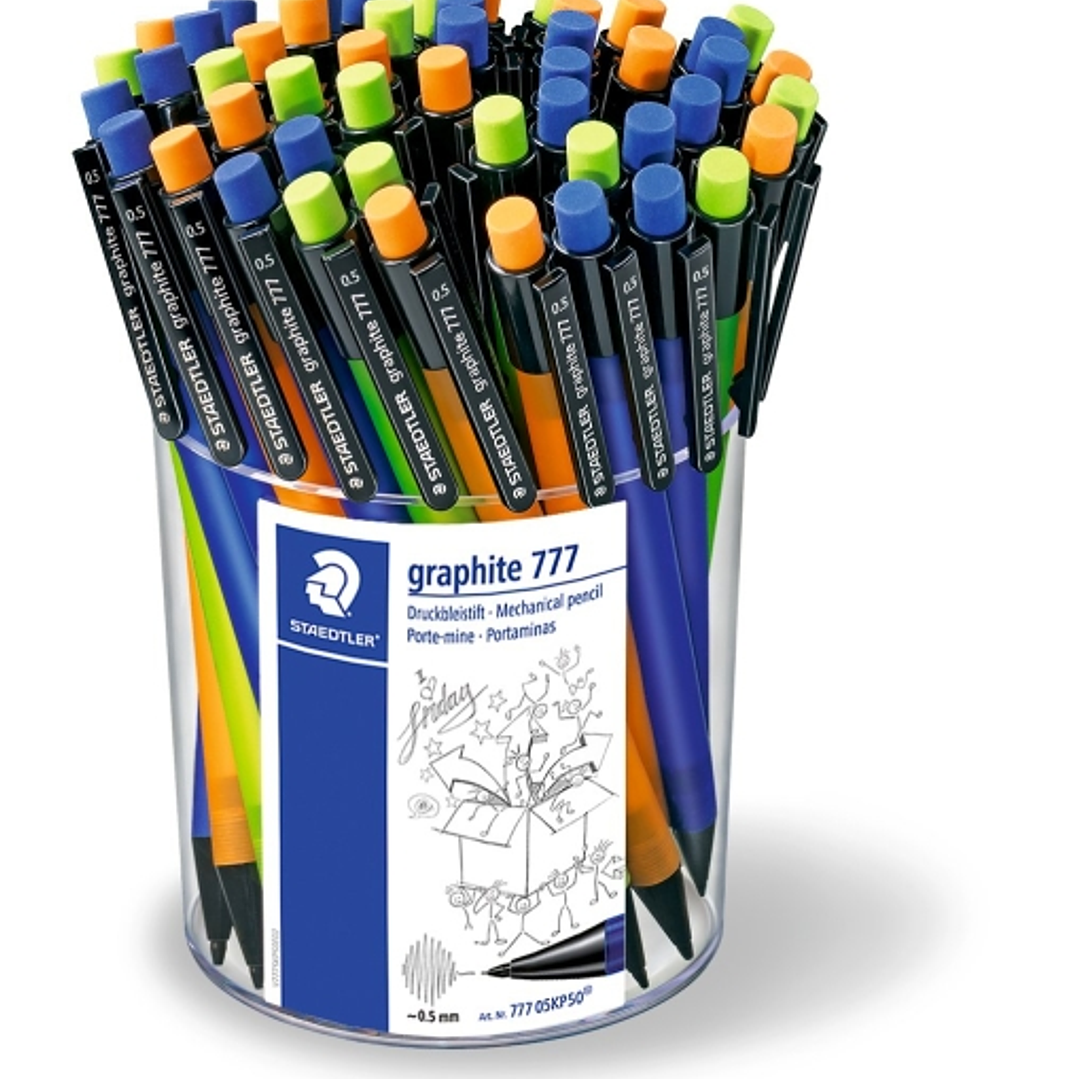 Staedtler Graphite 777 Expositor con 50 Portaminas 0.5mm - Cuerpo Engomado - Goma de Borrar - Colores Surtidos 1
