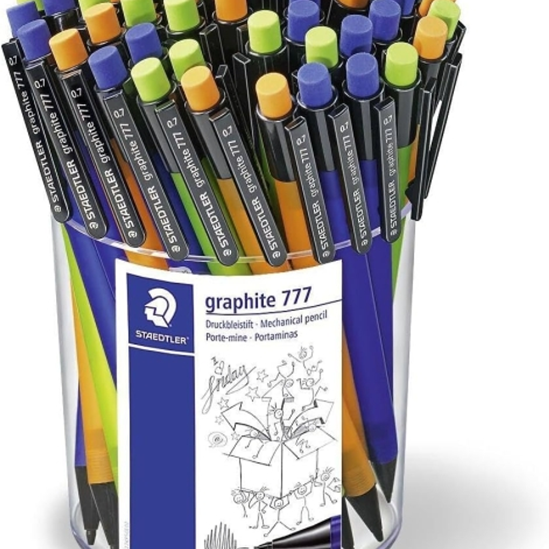 Staedtler Graphite 777 Expositor con 50 Portaminas 0.7mm - Cuerpo Engomado - Goma de Borrar - Colores Surtidos 1