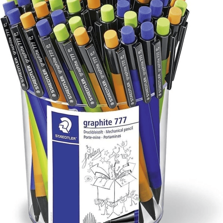 Staedtler Graphite 777 Expositor con 50 Portaminas 0.7mm - Cuerpo Engomado - Goma de Borrar - Colores Surtidos 1