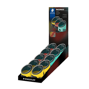 Staedtler Norix Expositor de 10 Sacapuntas con Deposito - 1 Agujero para Lapices de hasta Ø 8,2mm - Colores Surtidos