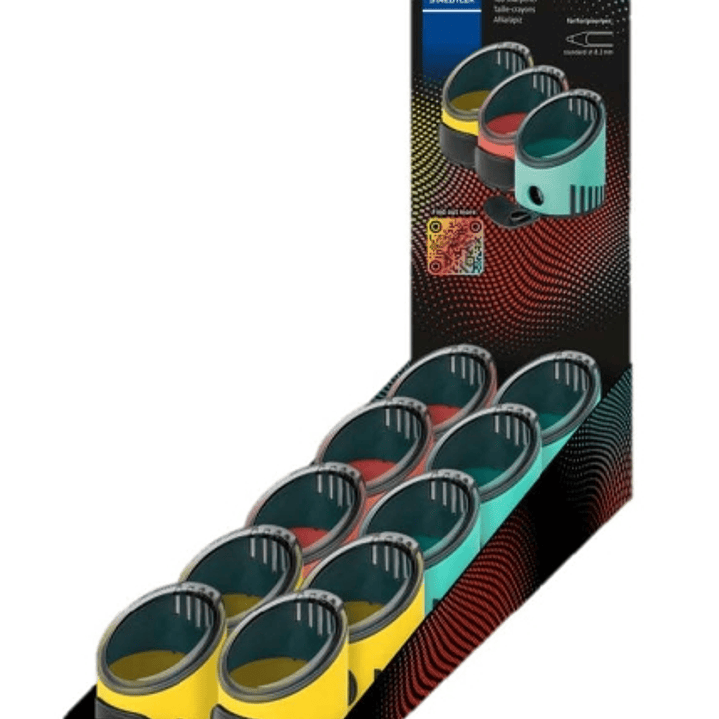 Staedtler Norix Expositor de 10 Sacapuntas con Deposito - 1 Agujero para Lapices de hasta Ø 8,2mm - Colores Surtidos 1