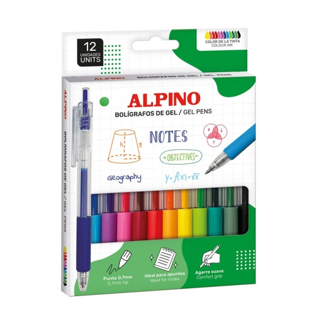Alpino Line Gel Pack con 12 Boligrafos Retractiles de Tinta Gel - Punta 0.7mm - Grip de Agarre - Colores Surtidos 1