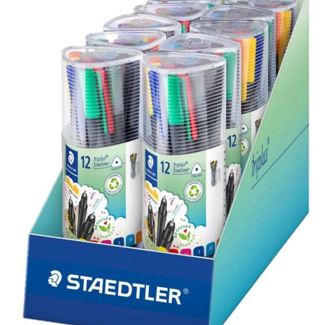 Staedtler Triplus Fineliner 334 Expositor con 10 Packs de 12 Rotuladores Punta Fina - Trazo 0.3 mm aprox. - Tinta Base de Agua - 97% de Plastico Recic 1