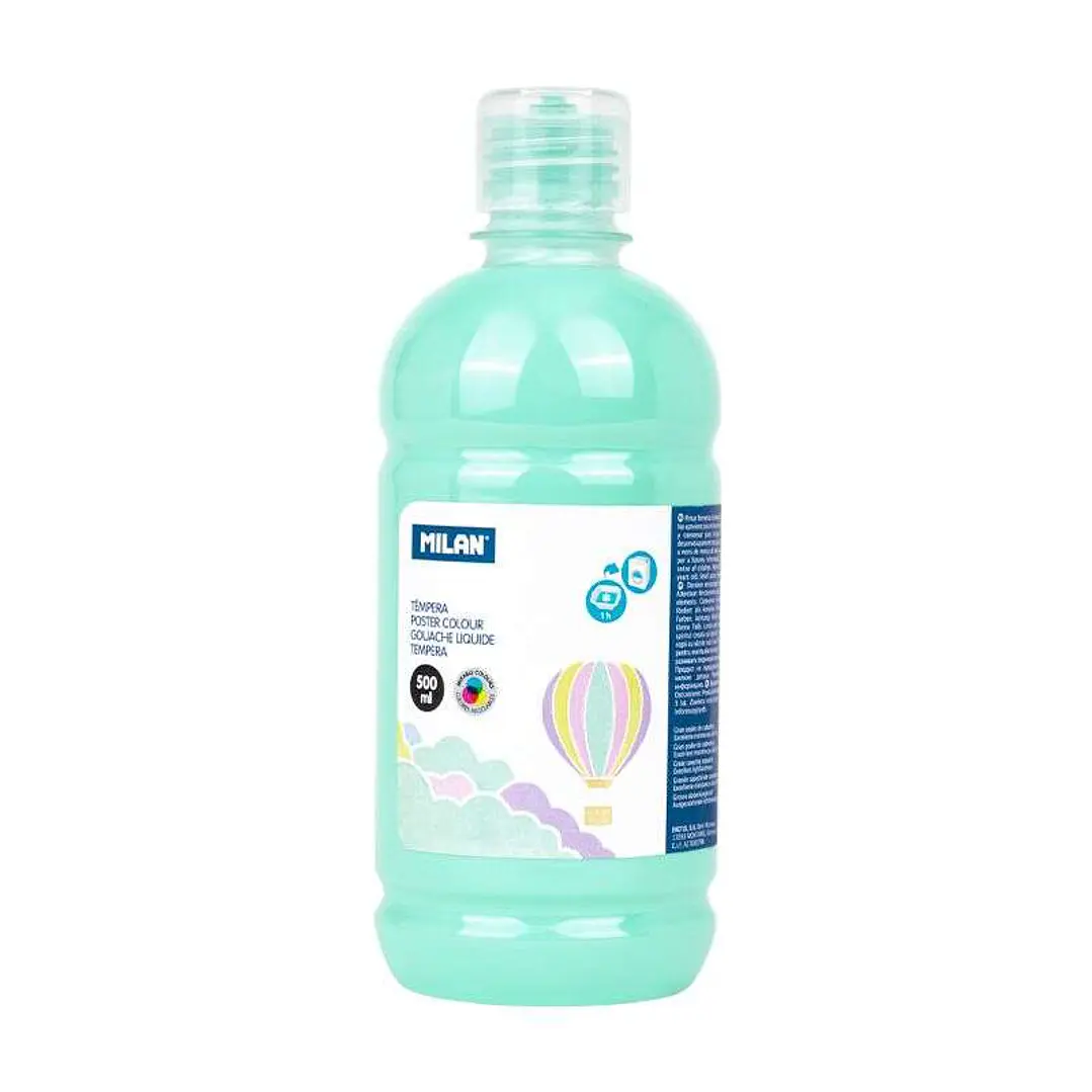 Milan Botella de Tempera 500ml - Tapon Dosificador - Secado Rapido - Mezclable - Color Verde Pastel 1
