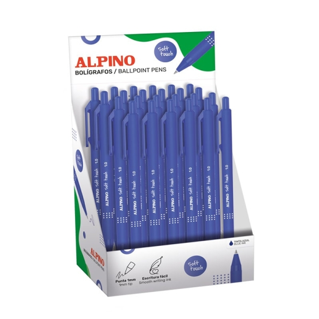 Alpino Soft Touch Expositor con 24 Boligrafos Retractiles - Punta 1mm - Tacto Suave - Tinta Azul - Color Azul 1