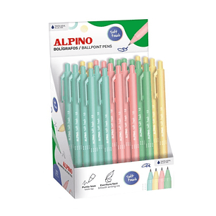 Alpino Soft Touch Pastel Expositor con 24 Boligrafos Retractiles - Punta 1mm - Tacto Suave - Tinta Azul - Colores Pastel Surtidos