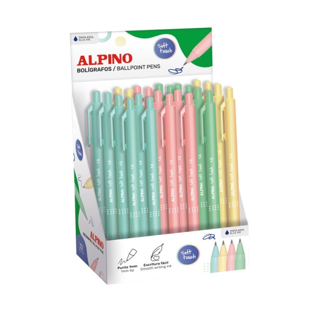 Alpino Soft Touch Pastel Expositor con 24 Boligrafos Retractiles - Punta 1mm - Tacto Suave - Tinta Azul - Colores Pastel Surtidos 1