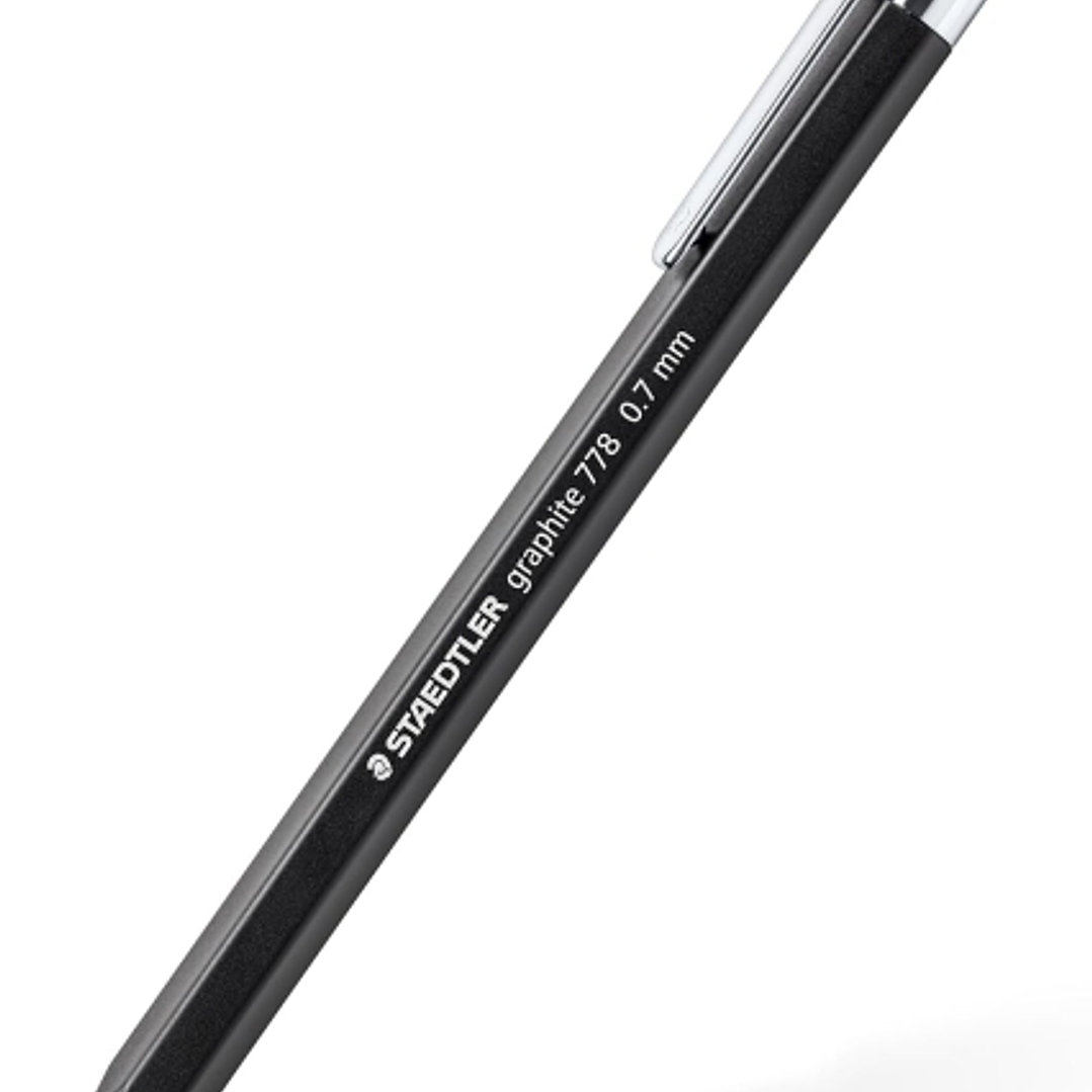 Staedtler Graphite 778 Portaminas 0.7mm - Cuerpo Hexagonal Negro Mate - Punta Metalica Retractil - Mina Amortiguada - Clip Metalico - Goma de Borrar 1
