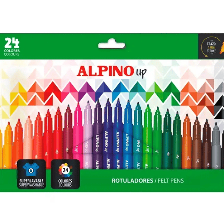 Alpino Up Pack con 24 Rotuladores de Colores - Punta 1mm - Para Trazos Finos y Detallados - Tinta a Base de Agua - Colores Surtidos 1