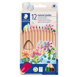 Staedtler Noris Natural Jumbo Pack con 12 Lapices de Colores Triangulares - Mina de 4mm - Madera Certificada FSC - Cuerpo de Color Madera Natural