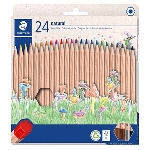 Staedtler Noris Natural Pack con 24 Lapices de Colores Hexagonales - Madera Certificada FSC - Cuerpo de Color Madera Natural