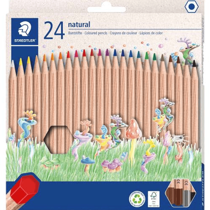 Staedtler Noris Natural Pack con 24 Lapices de Colores Hexagonales - Madera Certificada FSC - Cuerpo de Color Madera Natural 1
