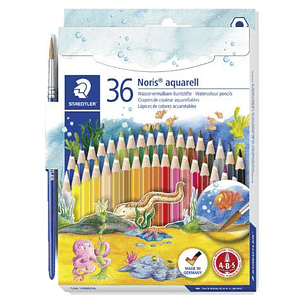 Staedtler Noris Aquarell Pack de 36 Lapices Hexagonales de Colores + Pincel - Refuerzo de Mina para Mayor Resistencia a la Rotura - Madera de Bosques 