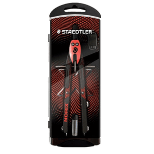 Staedtler Norix 555 Compas Metalico Escolar de Precision - Mecanismo Pulsador y Ajuste por Rueda Central - Color Rojo/Negro