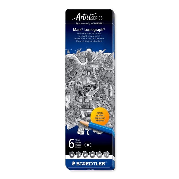 Staedtler Mars Lumograph 100 Caja Metalica con 6 Lapices de Grafito de Graduaciones 8B, 7B, 6B, 4B, 2B, HB - Alta Resistencia a la Rotura - Madera de  1