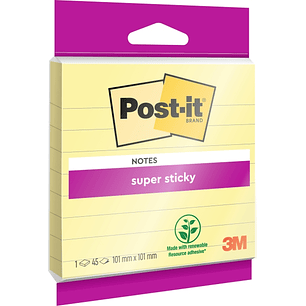 Post-It Super Sticky Bloc de 45 Notas Adhesivas Reposicionables con Renglones - Forma Cuadrada - 101x101mm - Color Amarillo Claro