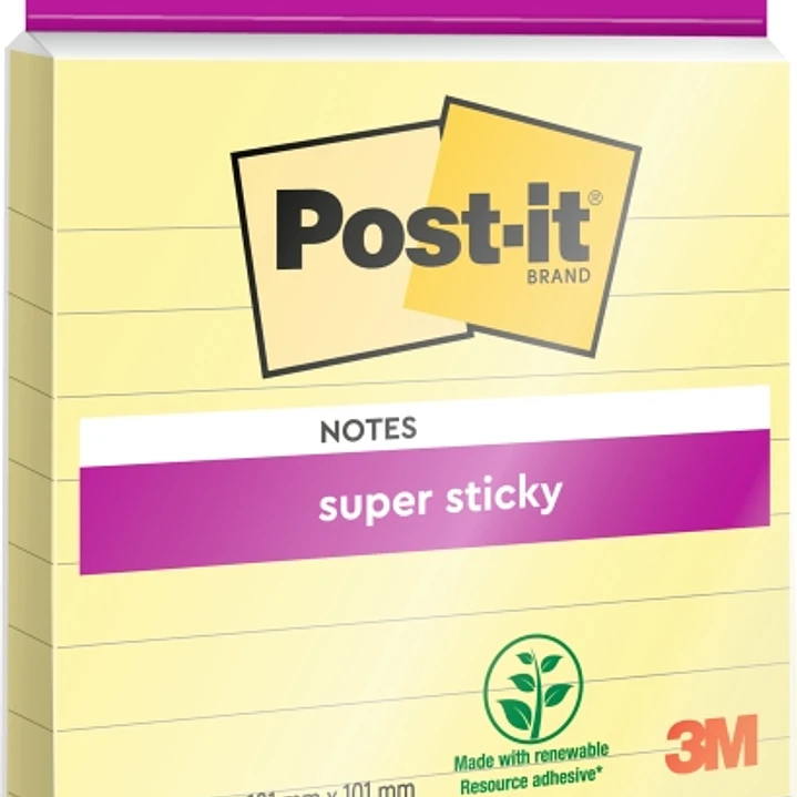 Post-It Super Sticky Bloc de 45 Notas Adhesivas Reposicionables con Renglones - Forma Cuadrada - 101x101mm - Color Amarillo Claro 1