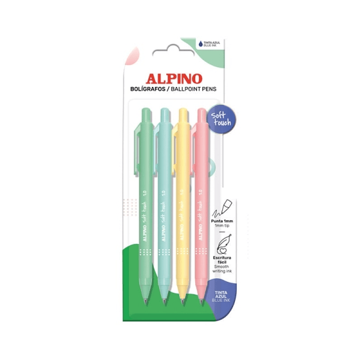Alpino Soft Touch Pastel Pack con 4 Boligrafos Retractiles - Punta 1mm - Tacto Suave - Tinta Azul - Colores Pastel Surtidos 1