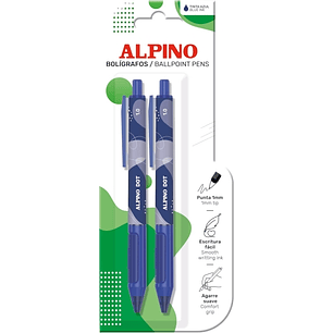 Alpino Dot Pack con 2 Boligrafos Retractiles - Punta 1mm - Agarre Suave - Tinta Azul - Color Azul